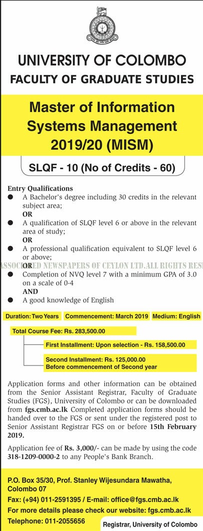 Master of Information Systems Management - Faculty of Graduate Studies - University of Colombo